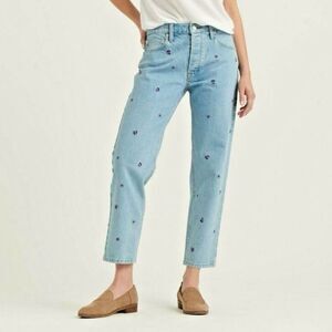 Lucky Brand Blue and Purple Floral Embroidered Dot Denim Tapered Jeans